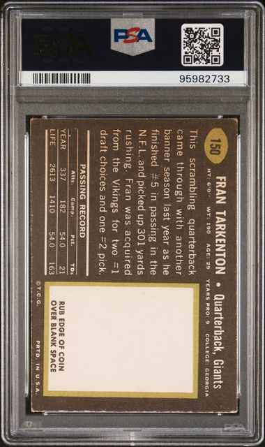 Graded 1969 Topps Fran Tarkenton #150 Football Card PSA 4 VG-EX