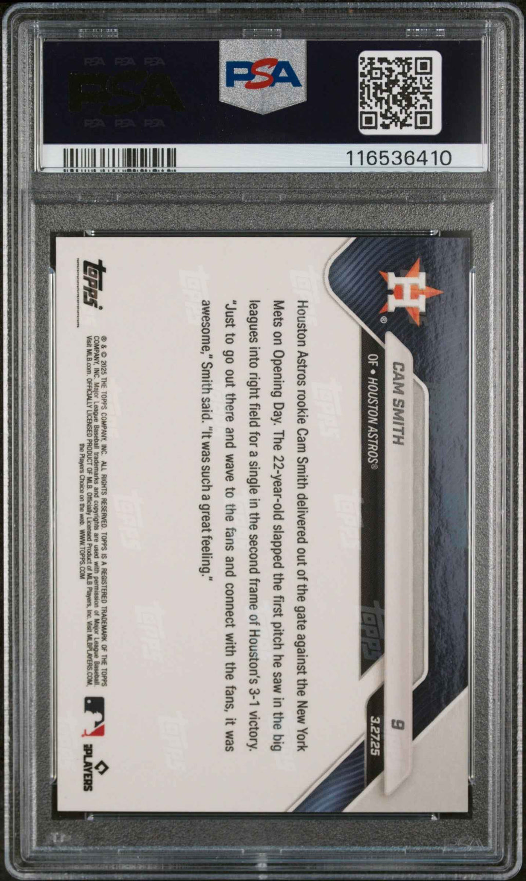 Graded 2025 Topps Now Cam Smith #9 Gold Foil /50 Rookie RC Baseball Card PSA 10 Gem Mint