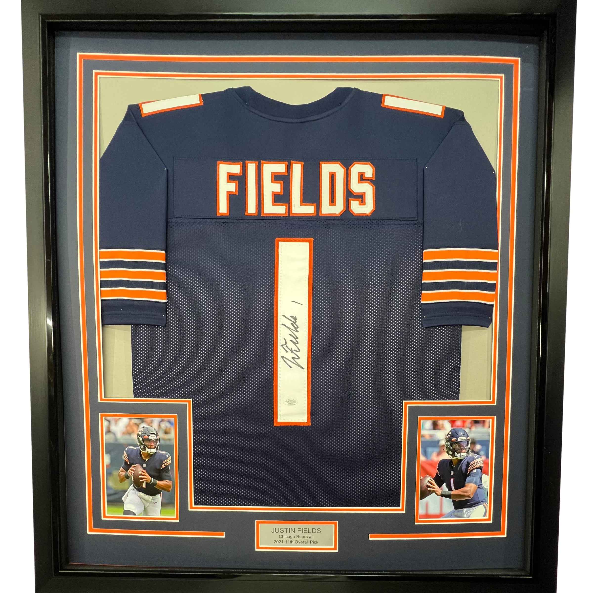 Framed Autographed/Signed Justin Fields 35x39 Chicago Blue Football Jersey JSA COA