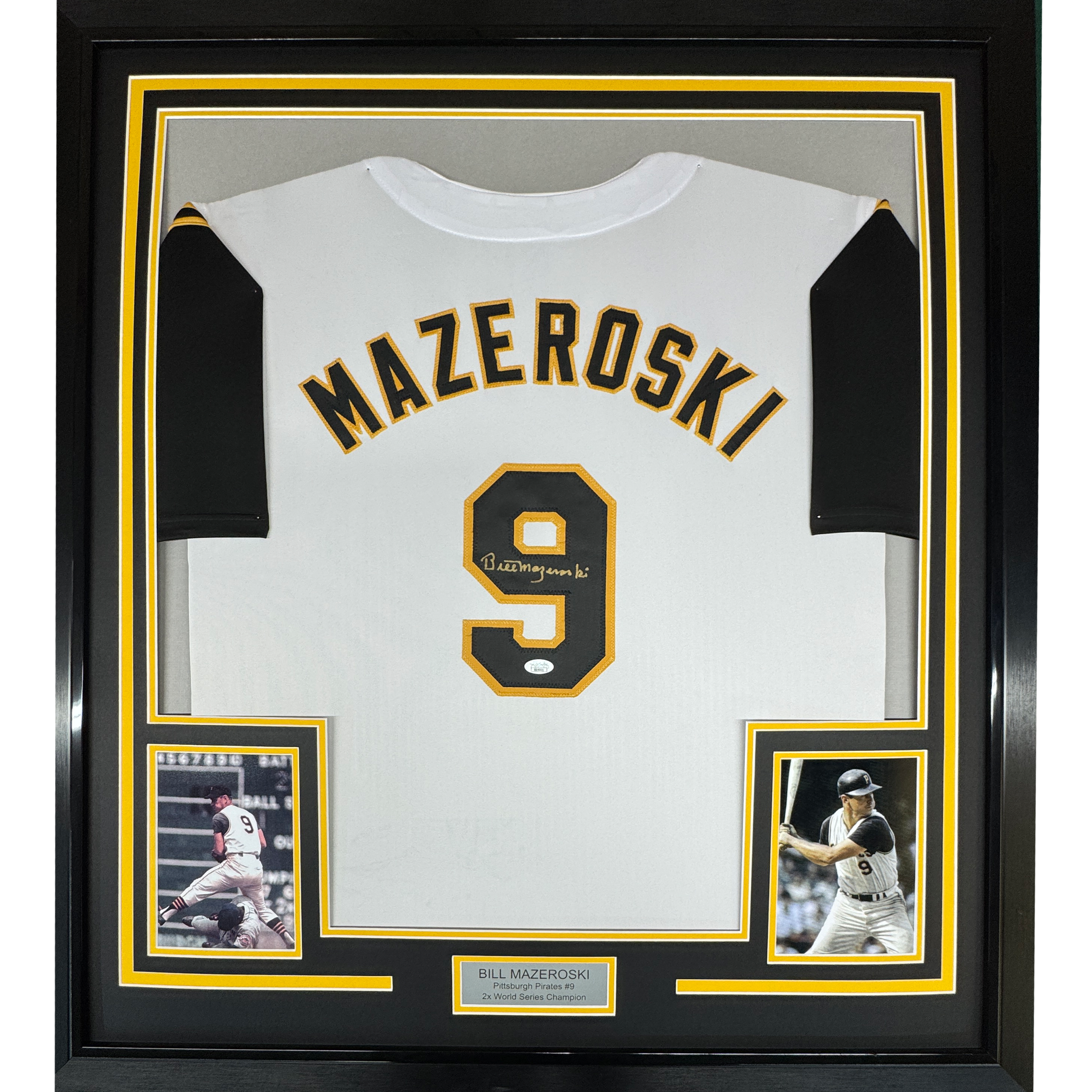 Framed Autographed/Signed Bill Mazeroski 35x39 Pittsburgh White Baseball Jersey JSA COA
