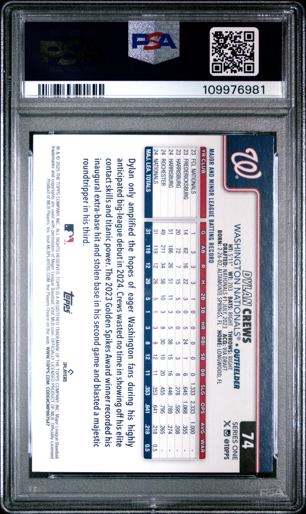 Graded 2025 Topps Dylan Crews #74 Rookie RC Baseball Card PSA 10 Gem Mint