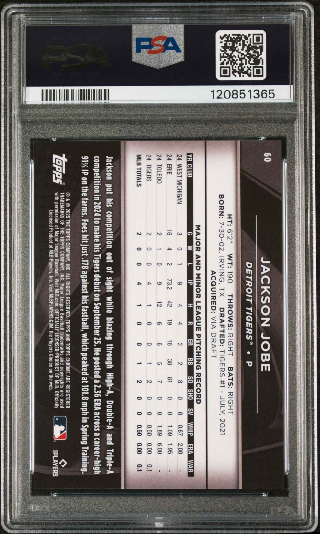 Graded 2025 Topps Chrome Black Jackson Jobe #60 Blue Lava /150 Rookie RC Baseball Card PSA 10 Gem Mint