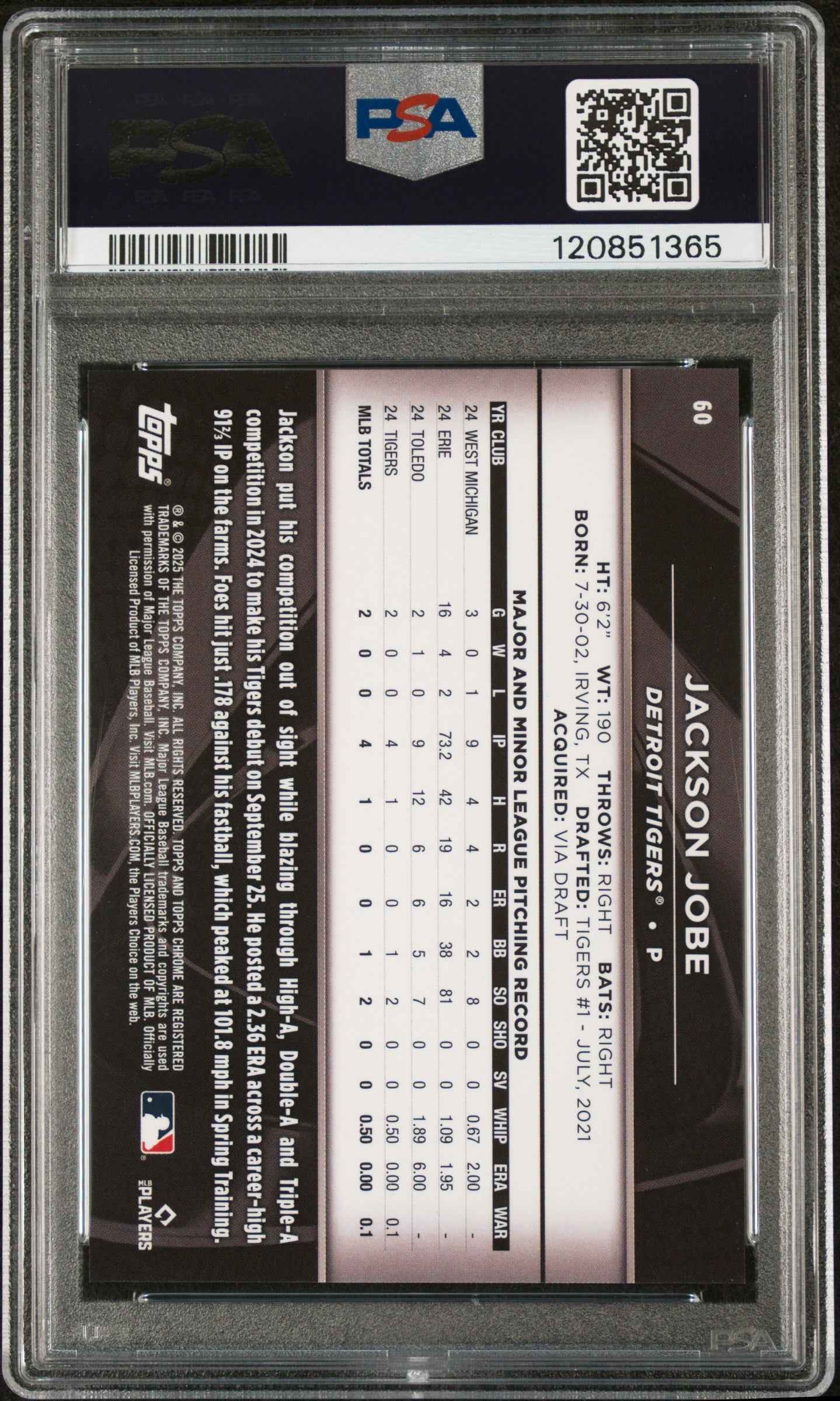 Graded 2025 Topps Chrome Black Jackson Jobe #60 Blue Lava /150 Rookie RC Baseball Card PSA 10 Gem Mint