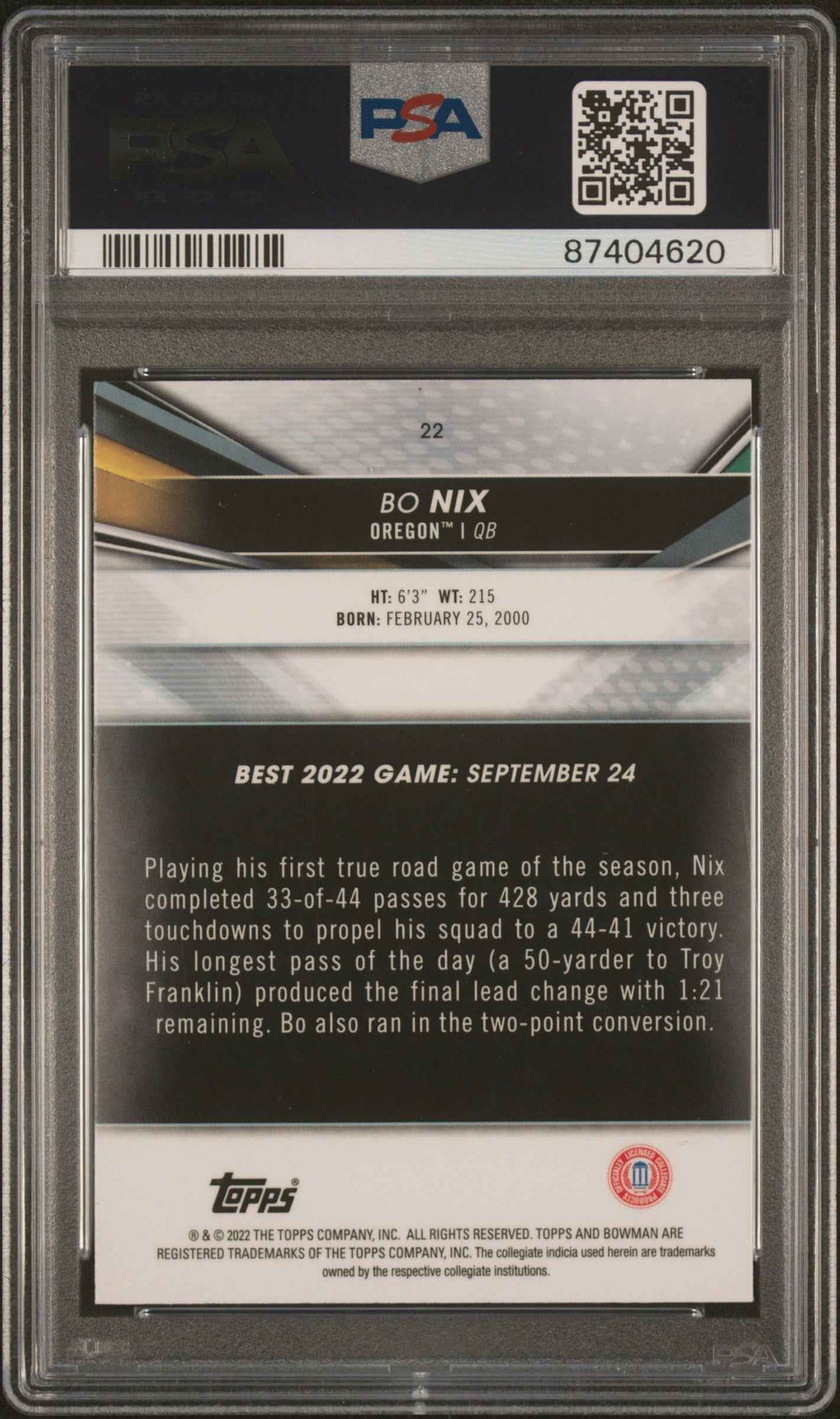 Graded 2022 Topps Bowmans Best University Bo Nix #22 Rookie RC Football Card PSA 10 Gem Mint