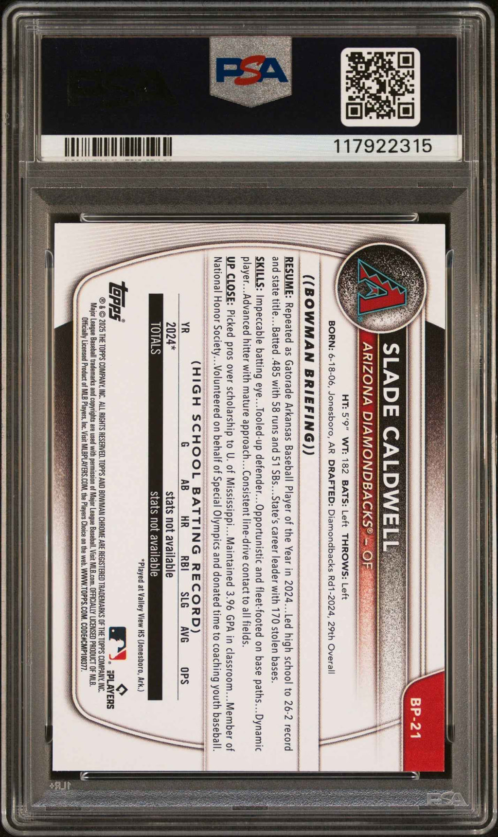 Graded 2025 Topps Bowman Slade Caldwell #BP21 Paper Prospects Rookie RC Baseball Card PSA 10 Gem Mint