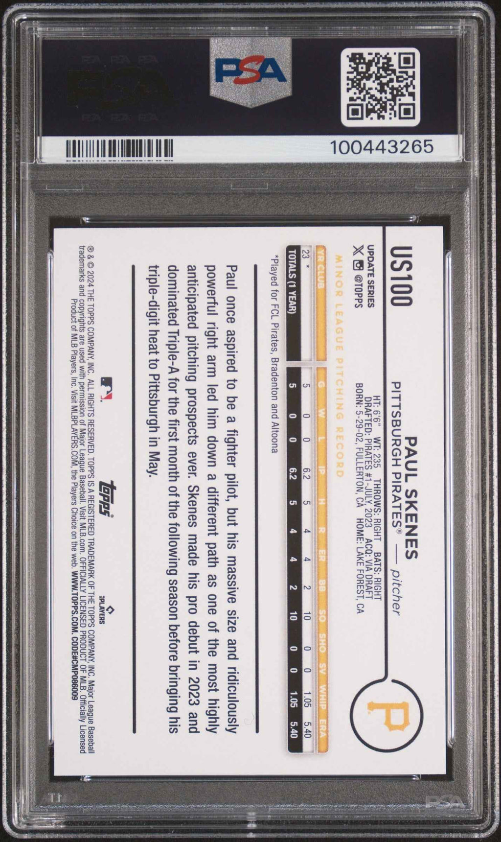 Graded 2024 Topps Update Paul Skenes #US100 Rookie RC Baseball Card PSA 10 Gem Mint