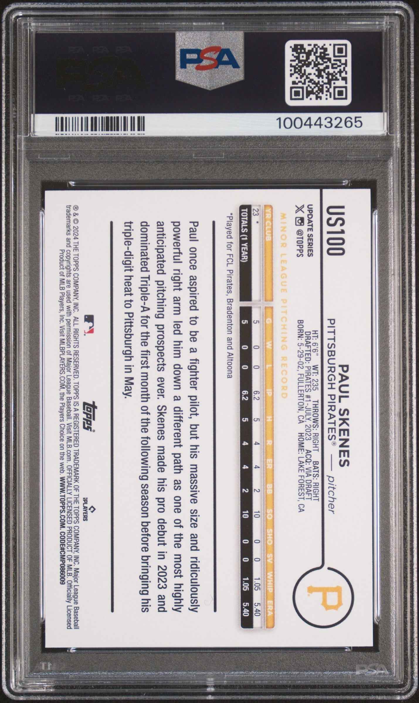 Graded 2024 Topps Update Paul Skenes #US100 Rookie RC Baseball Card PSA 10 Gem Mint