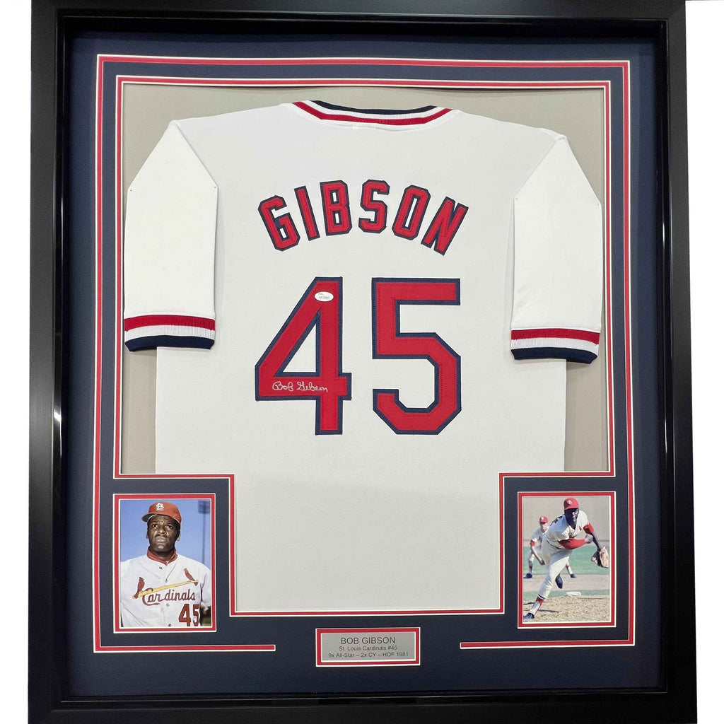 Framed Autographed/Signed Bob Gibson 35x39 St. Louis White Baseball Jersey JSA COA