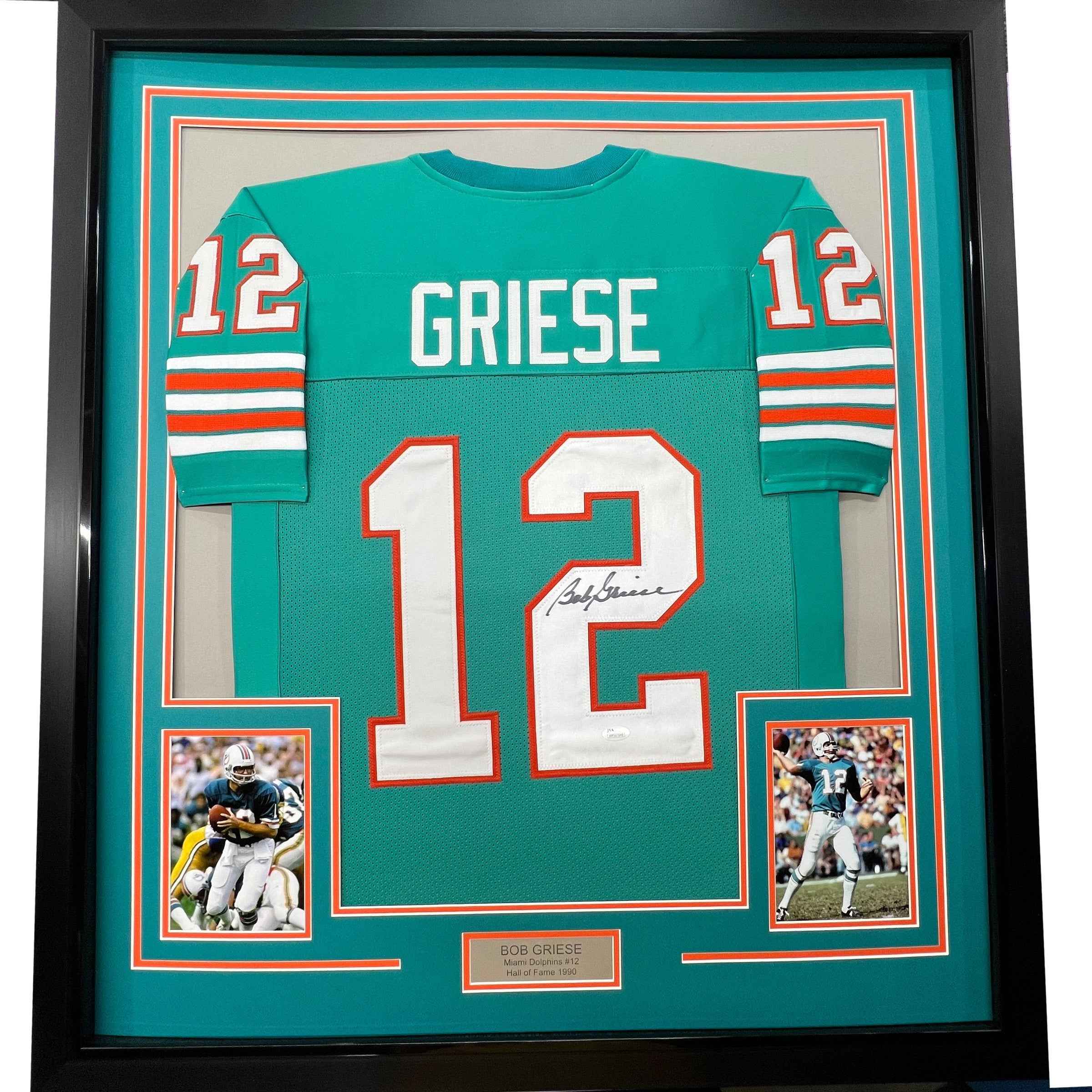 Framed Autographed/Signed Bob Griese 35x39 Miami Teal Football Jersey JSA COA