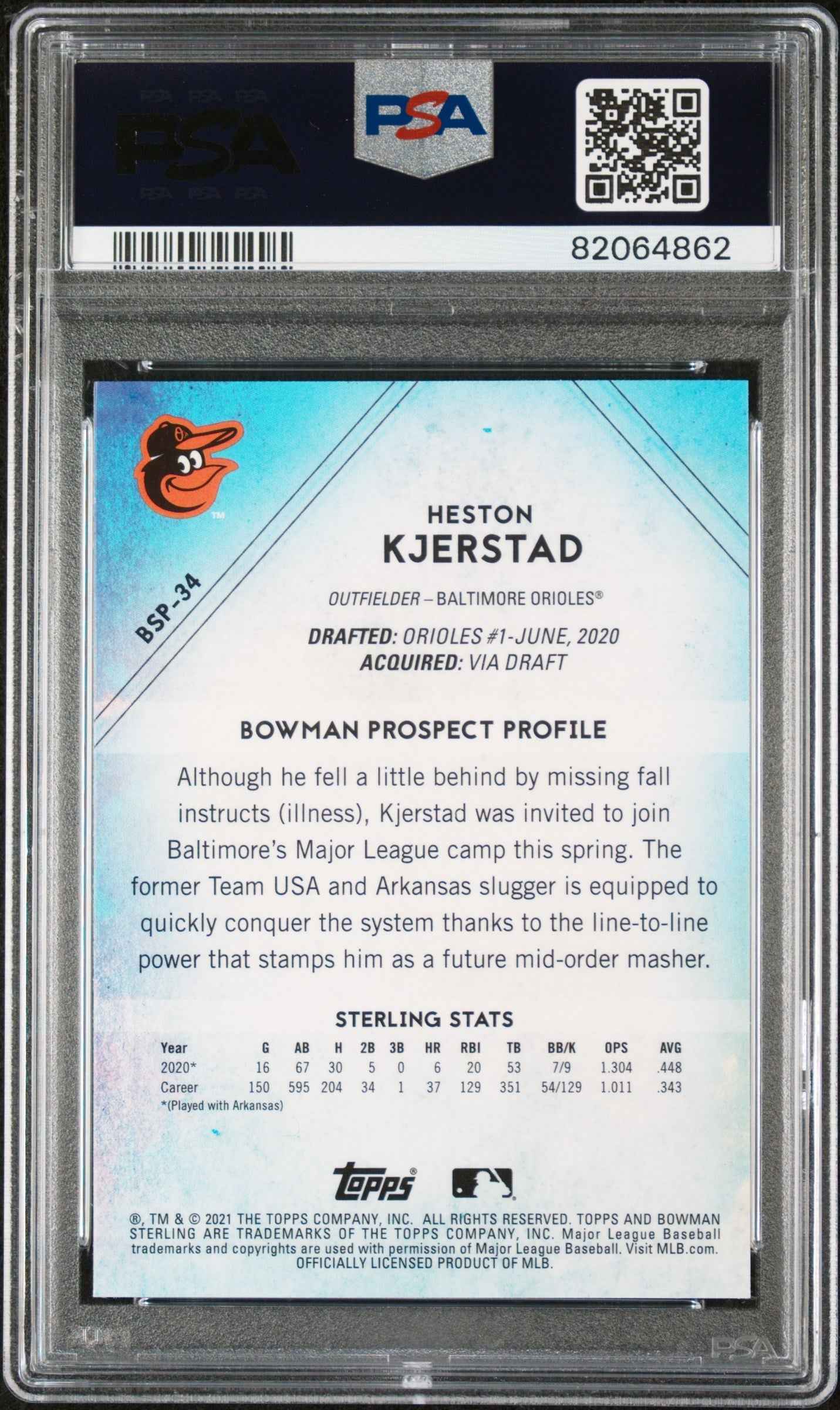 Graded 2021 Topps Bowman Sterling Heston Kjerstad #BSP34 Rookie RC Baseball Card PSA 10 Gem Mint
