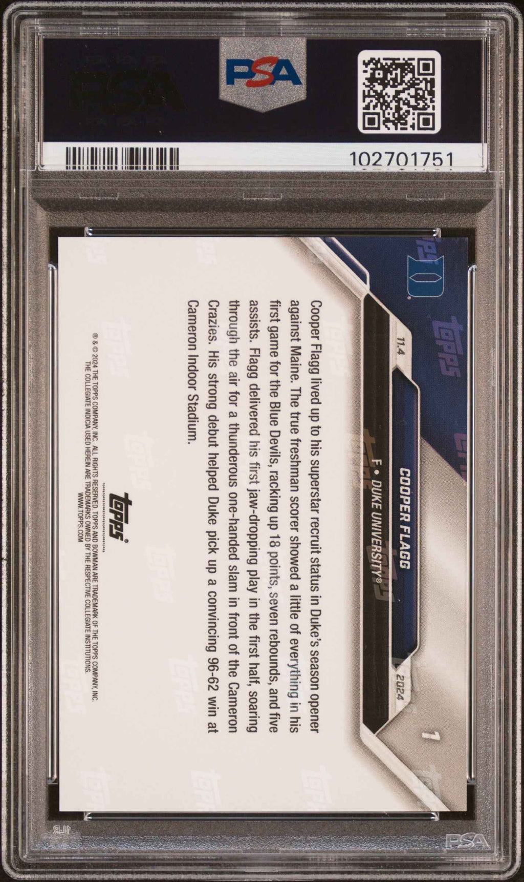 Graded 2024 Topps Bowman U Now Cooper Flagg #1 Superstar Recruit Makes Debut With Duke Rookie RC Basketball Card PSA 9 Mint