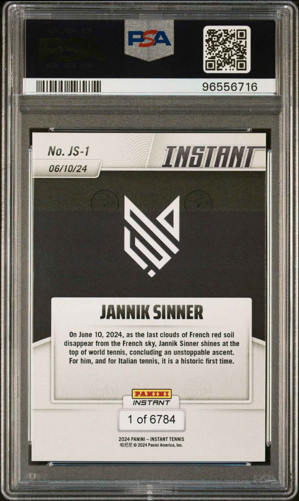 Graded 2024 Panini Instant Jannik Sinner #JS1 Paris Crowns The New World Number 1 Rookie RC Tennis Card PSA 10 Gem Mint