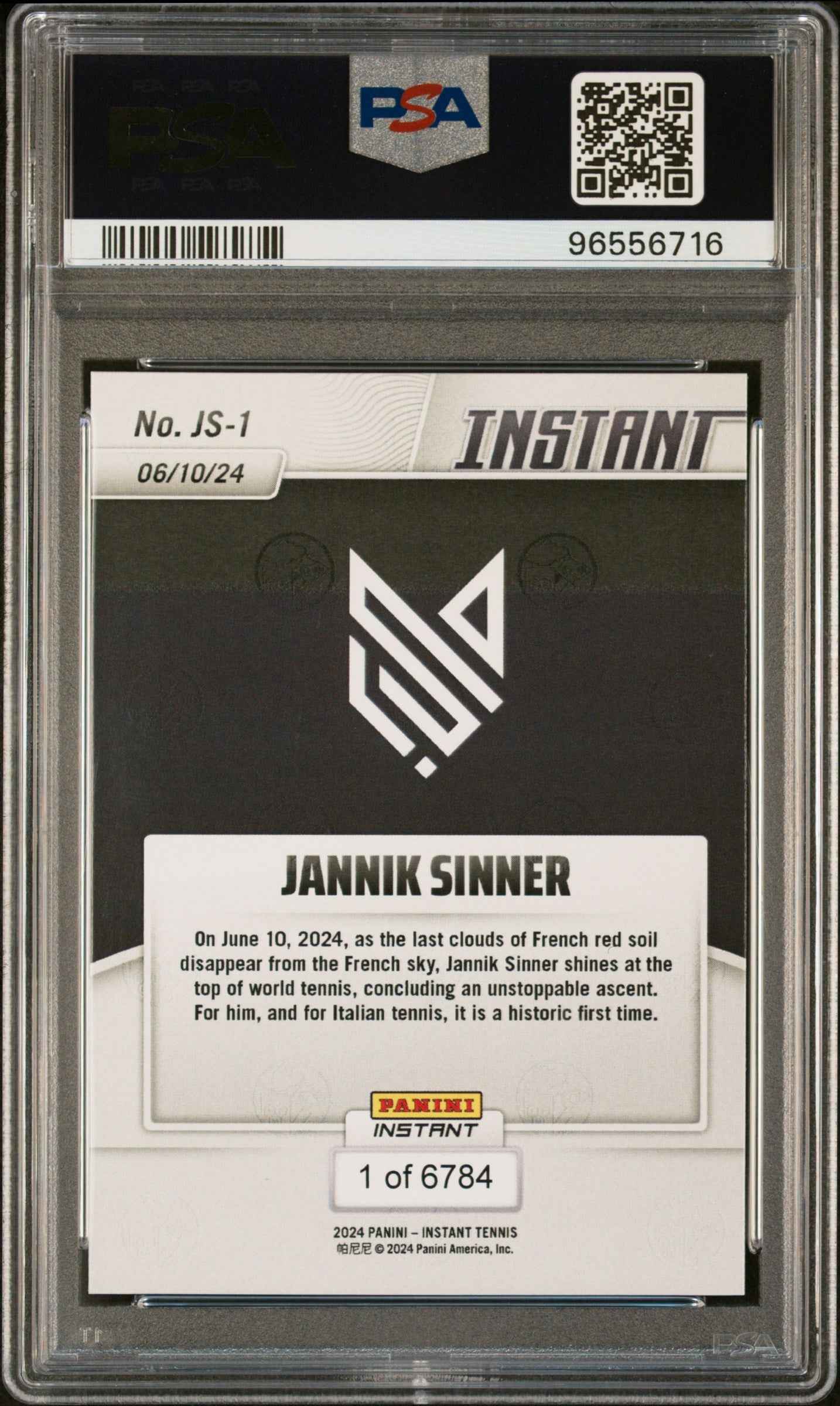Graded 2024 Panini Instant Jannik Sinner #JS1 Paris Crowns The New World Number 1 Rookie RC Tennis Card PSA 10 Gem Mint