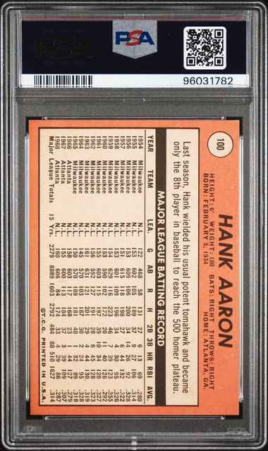 Graded 1969 Topps Hank Aaron #100 Baseball Card PSA 5 Excellent