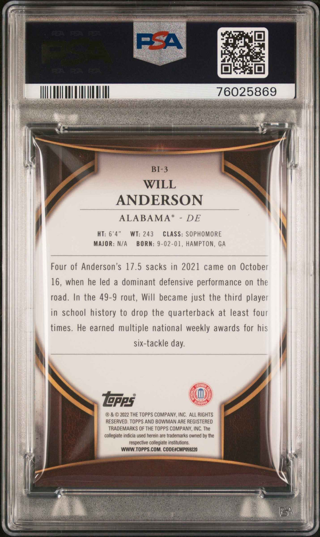 Graded 2022 Topps Bowman University Will Anderson #BI3 Bowman Invicta Rookie RC Football Card PSA 10 Gem Mint