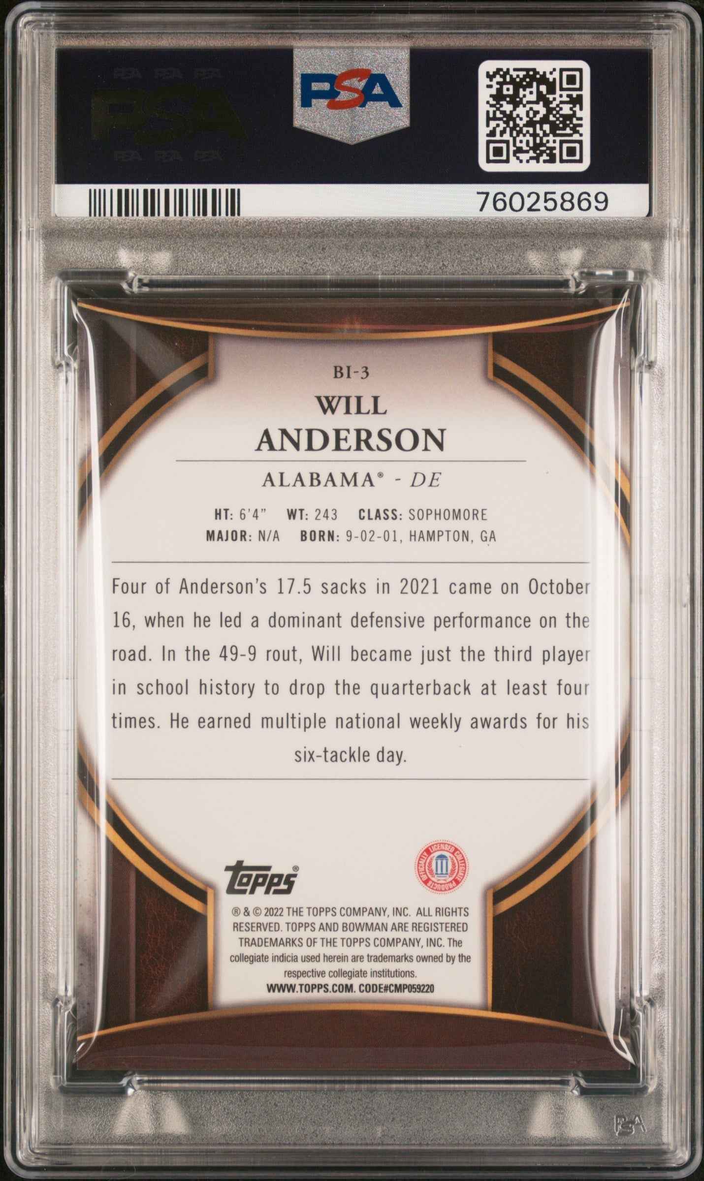 Graded 2022 Topps Bowman University Will Anderson #BI3 Bowman Invicta Rookie RC Football Card PSA 10 Gem Mint