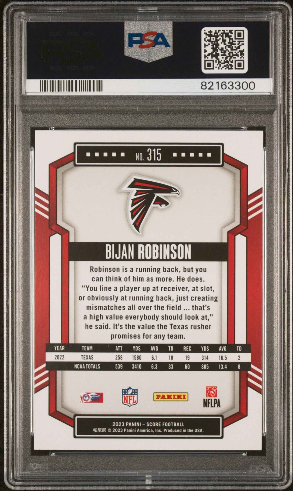 Graded 2023 Panini Score Bijan Robinson #315 Rookie RC Football Card PSA 10 Gem Mint