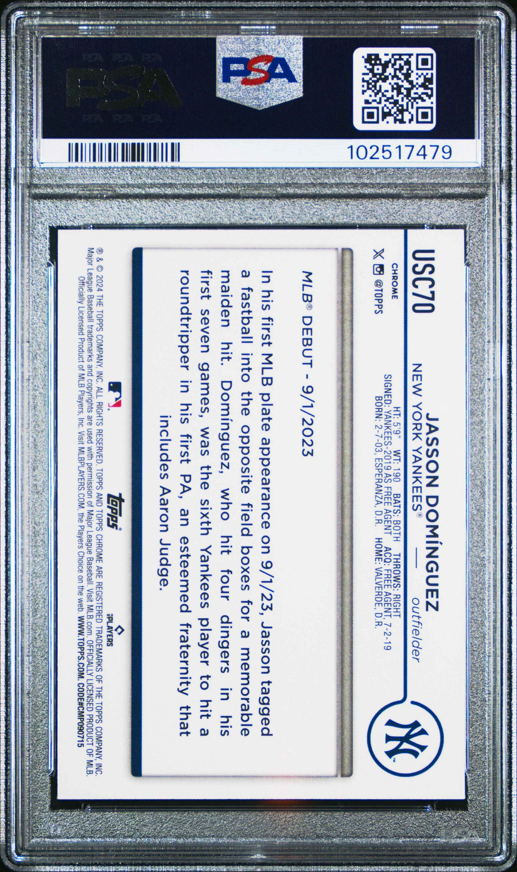Graded 2024 Topps Chrome Update Jasson Dominguez #USC70 Rookie RC Baseball Card PSA 10 Gem Mint
