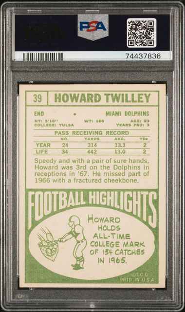 Graded 1968 Topps Howard Twilley #39 Football Card PSA 6 EX-MT