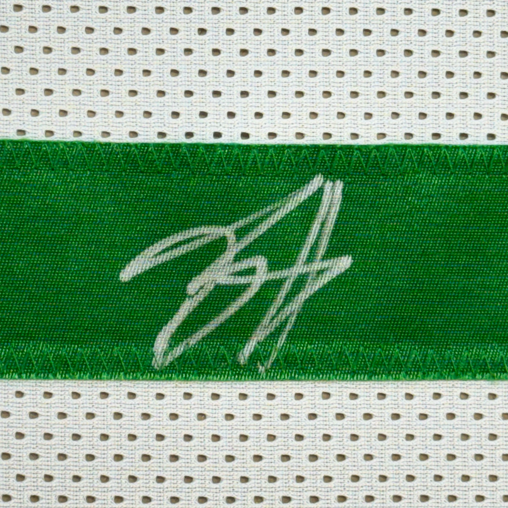 Framed Autographed/Signed Breece Hall 35x39 New York White Football Jersey JSA COA