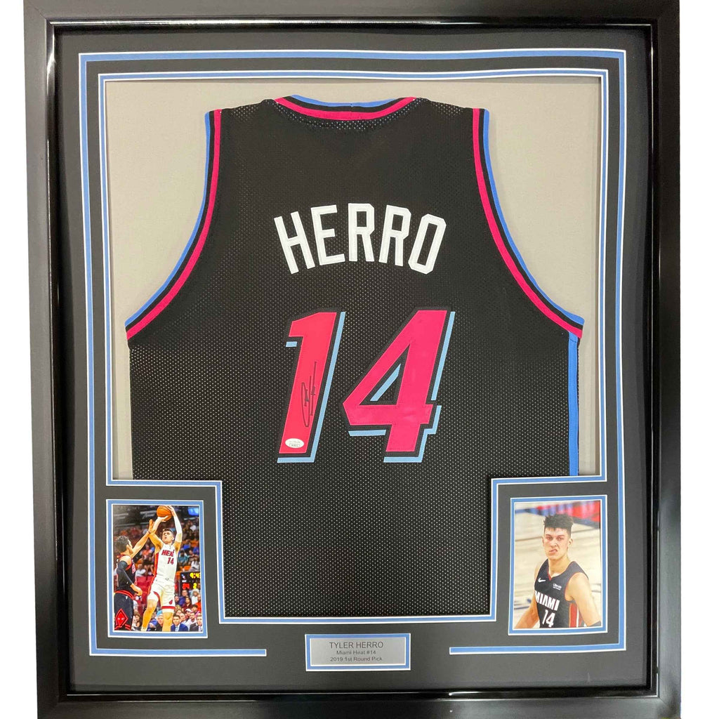 Framed Autographed/Signed Tyler Herro 35x39 Miami Black Vice City Basketball Jersey JSA COA