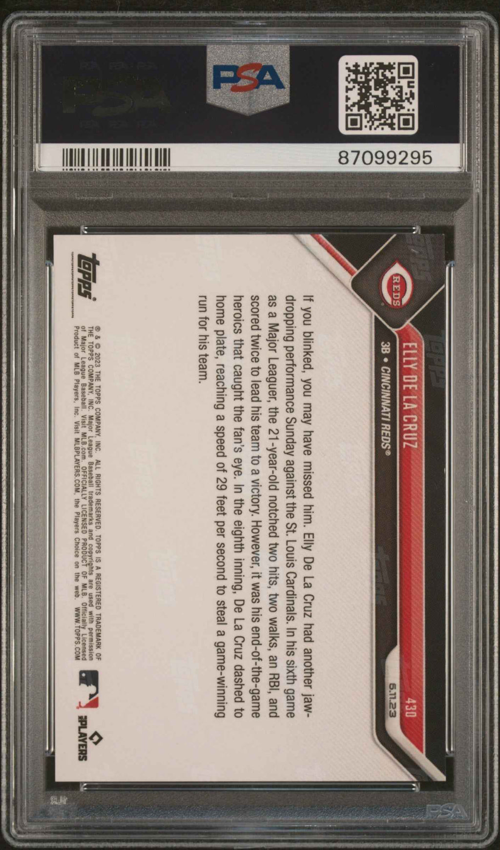 Graded 2023 Topps Now Elly De La Cruz #430 Rookie RC Baseball Card PSA 10 Gem Mint