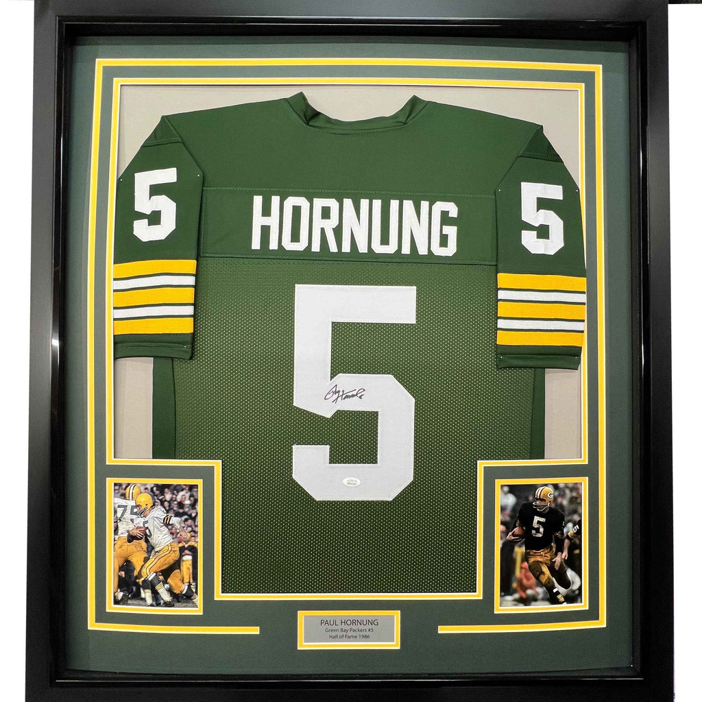 Framed Autographed/Signed Paul Hornung 35x39 Green Bay Green Football Jersey JSA COA