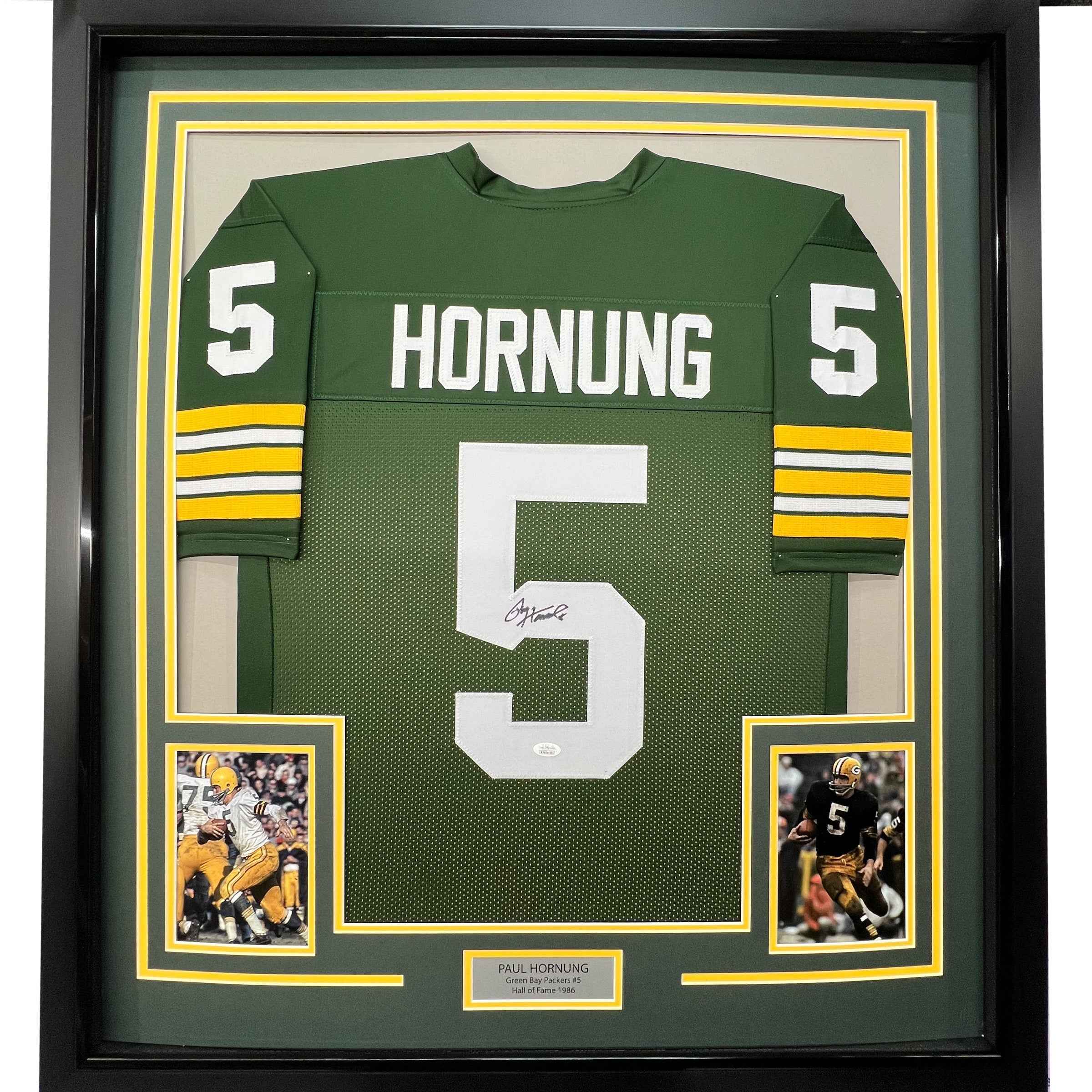 Framed Autographed/Signed Paul Hornung 35x39 Green Bay Green Football Jersey JSA COA
