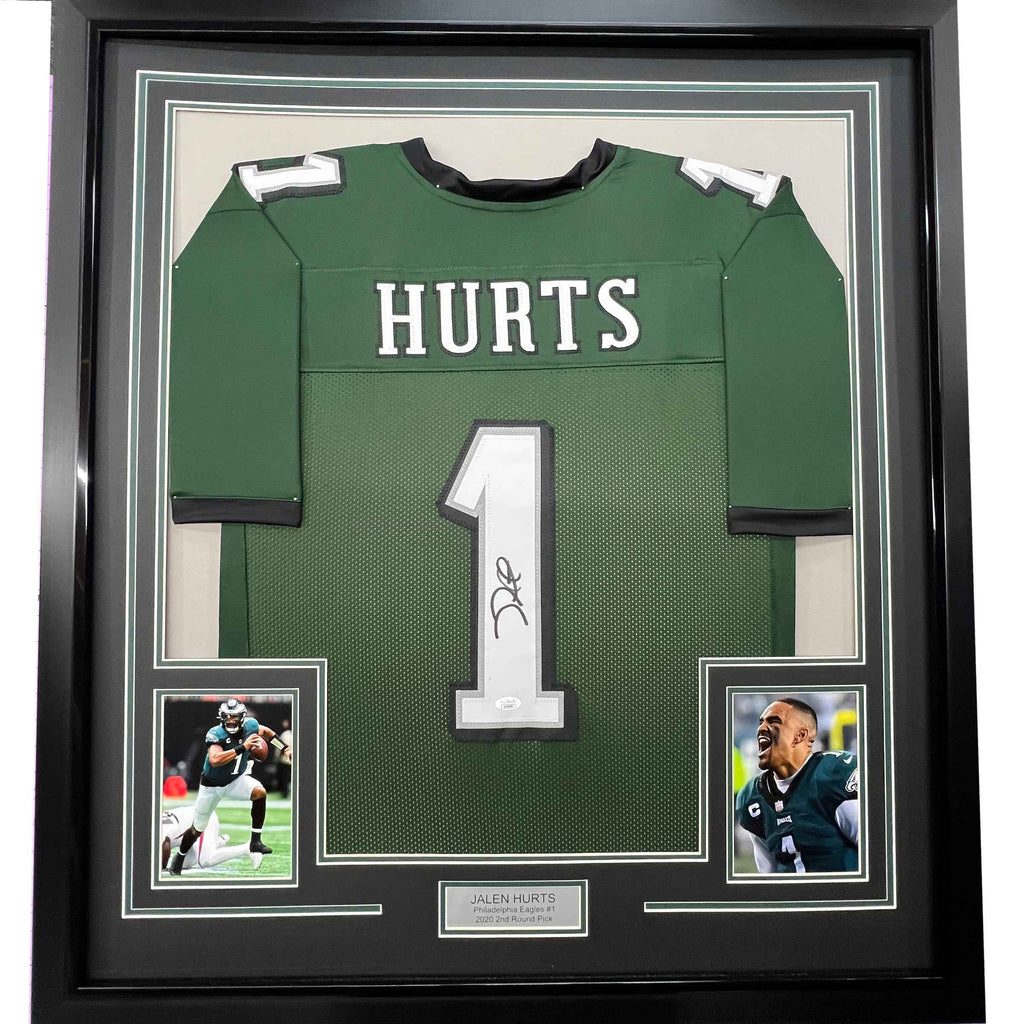 Framed Autographed/Signed Jalen Hurts 35x39 #1 Philadelphia Green Football Jersey JSA COA