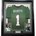 Framed Autographed/Signed Jalen Hurts 35x39 #1 Philadelphia Green Football Jersey JSA COA