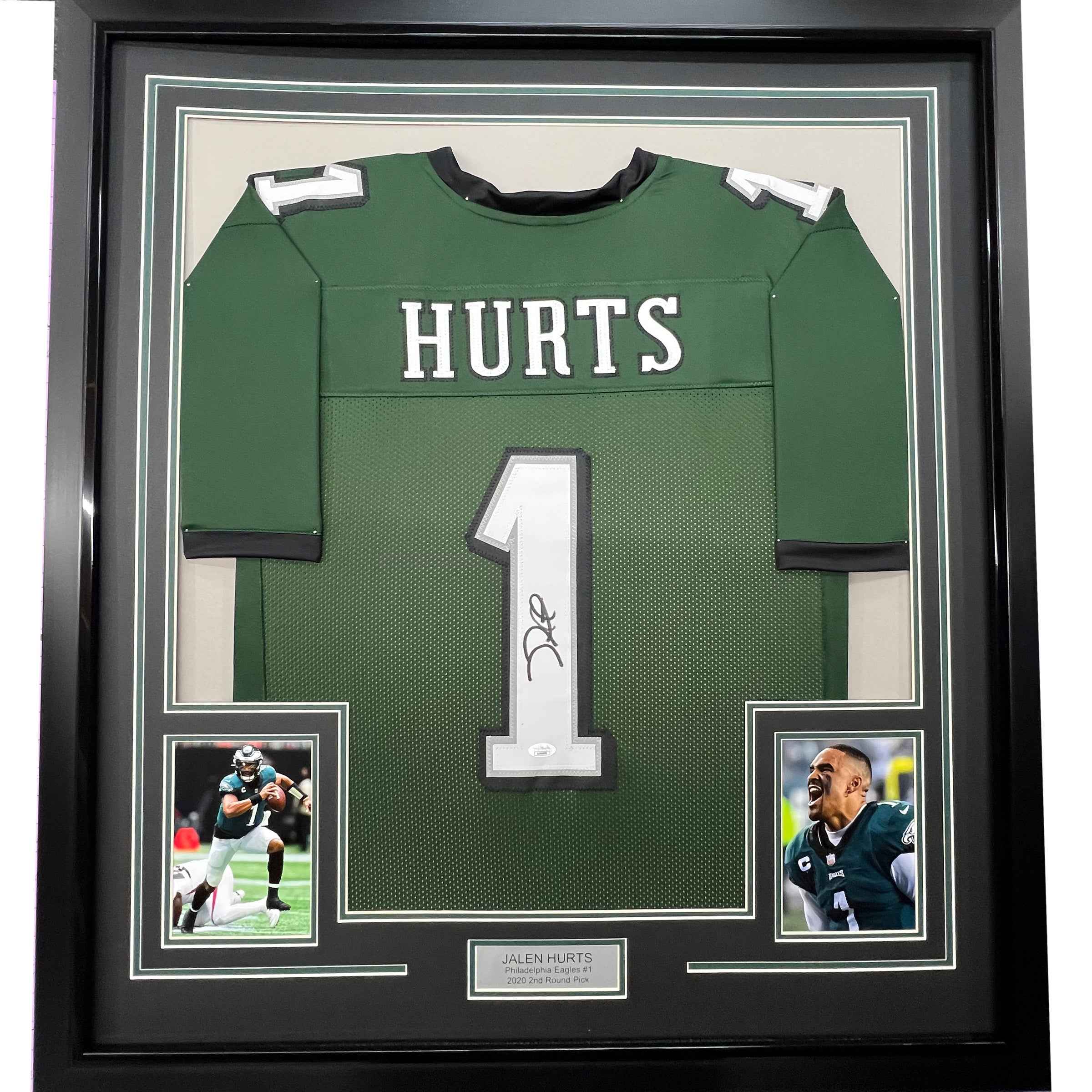 Framed Autographed/Signed Jalen Hurts 35x39 #1 Philadelphia Green Football Jersey JSA COA