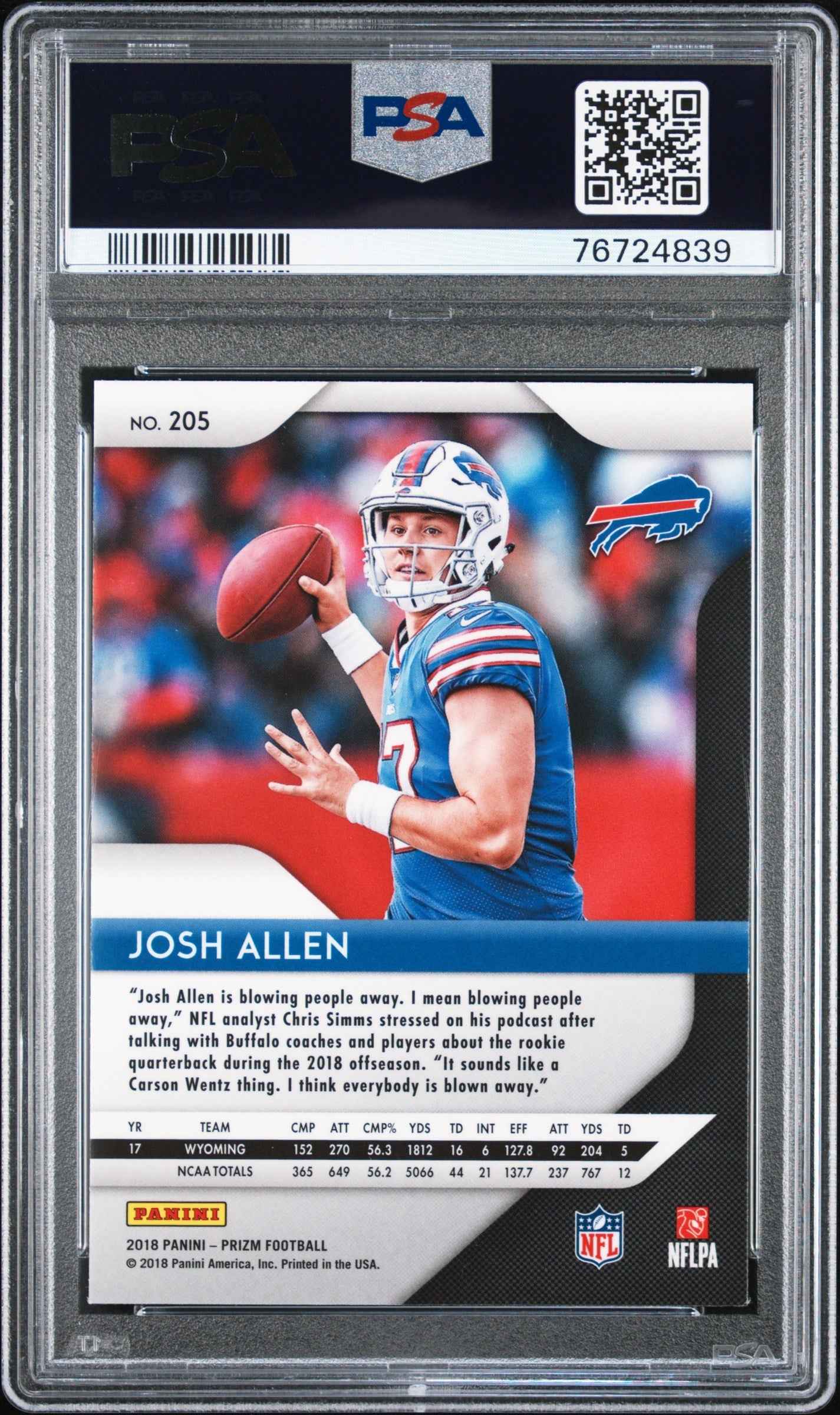 Graded 2018 Panini Prizm Josh Allen #205 Rookie RC Football Card PSA 9 Mint