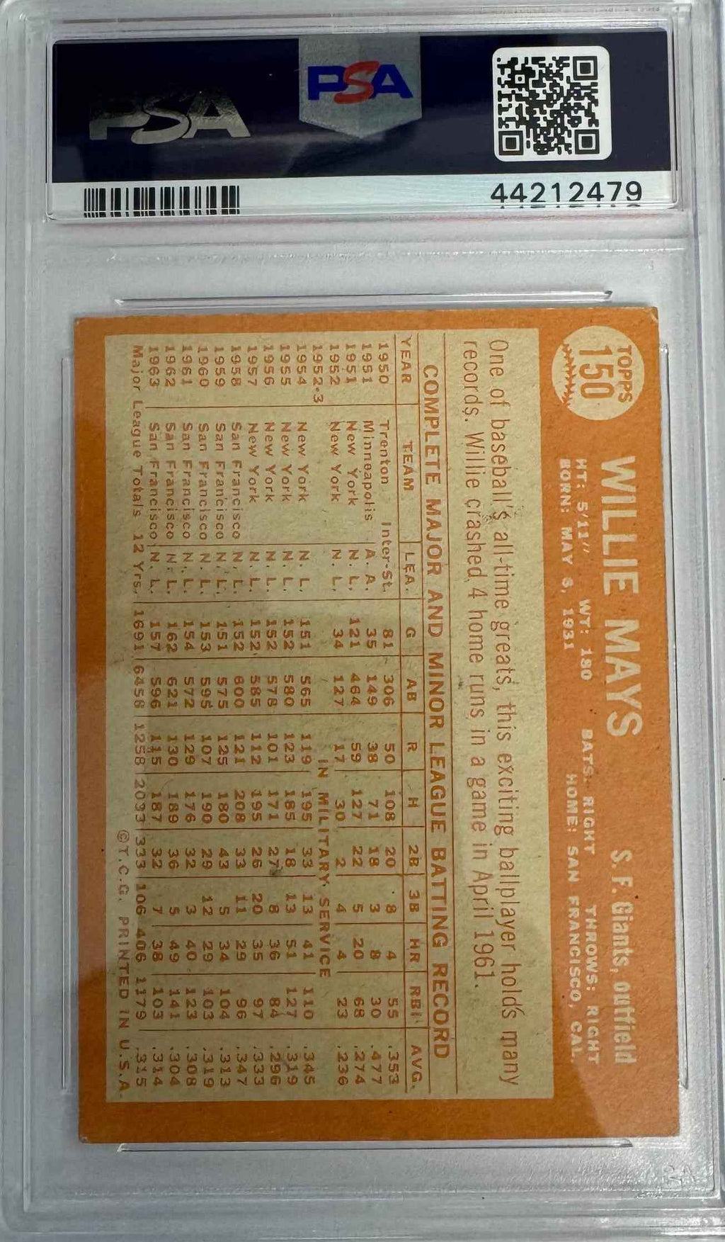 Graded 1964 Topps Willie Mays #150 Baseball Card PSA 5 Excellent