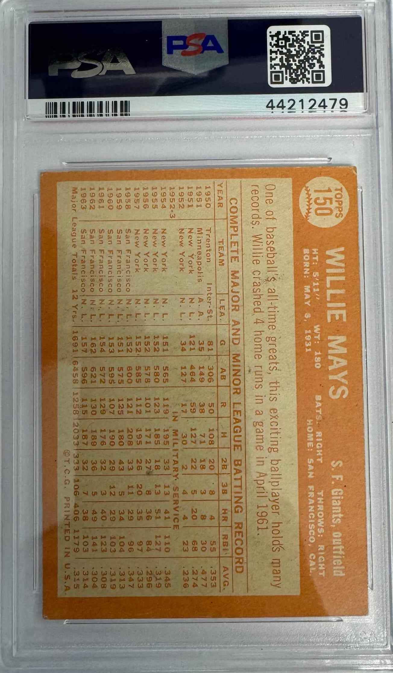 Graded 1964 Topps Willie Mays #150 Baseball Card PSA 5 Excellent