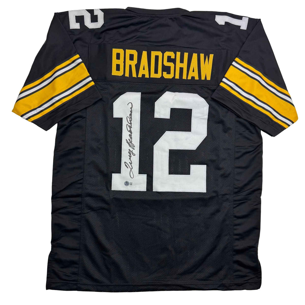Autographed/Signed Terry Bradshaw Pittsburgh Black Football Jersey Beckett BAS COA