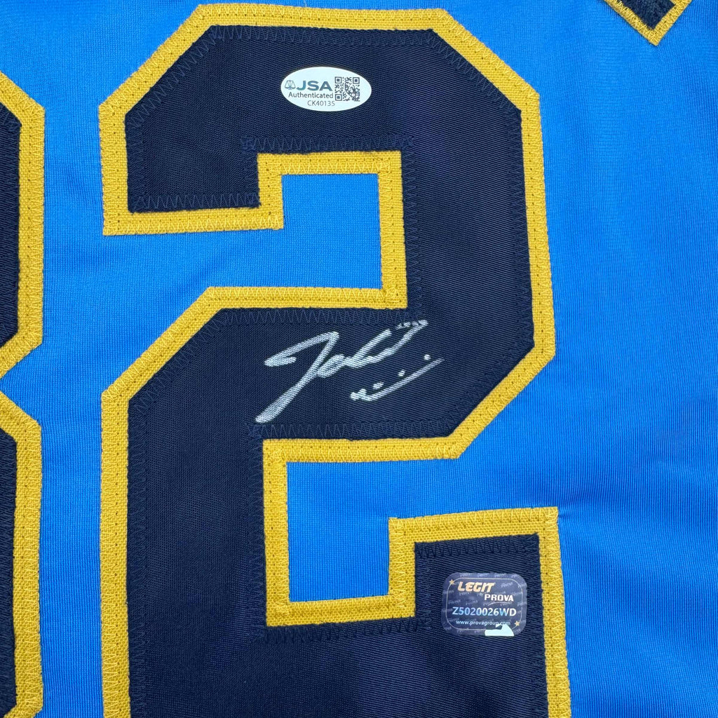 Framed Autographed/Signed Jacob Misiorowski 35x39 Milwaukee Blue Baseball Jersey JSA COA