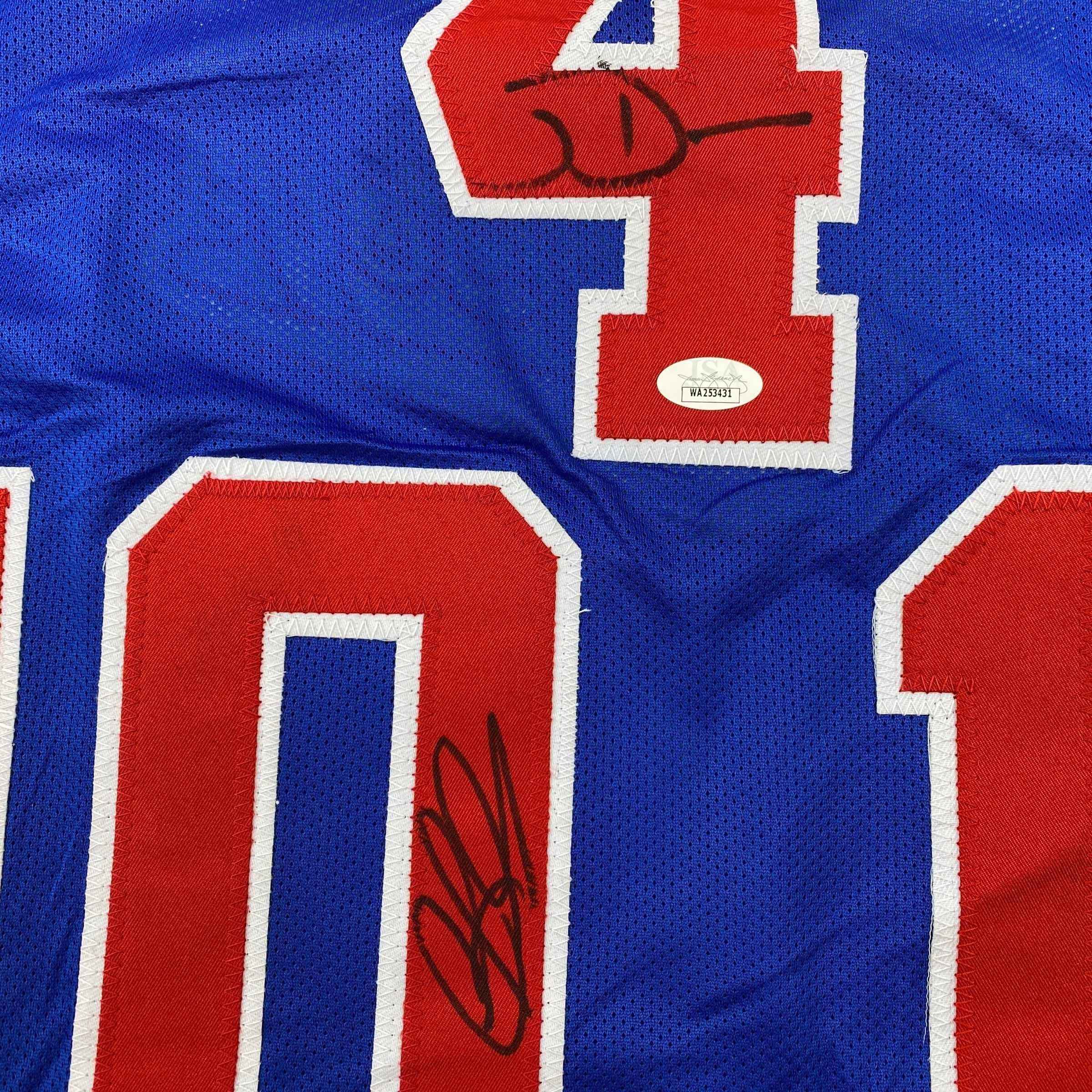 Autographed/Signed Joe Dumars & Dennis Rodman Detroit Bad Boys Blue Basketball Jersey JSA COA