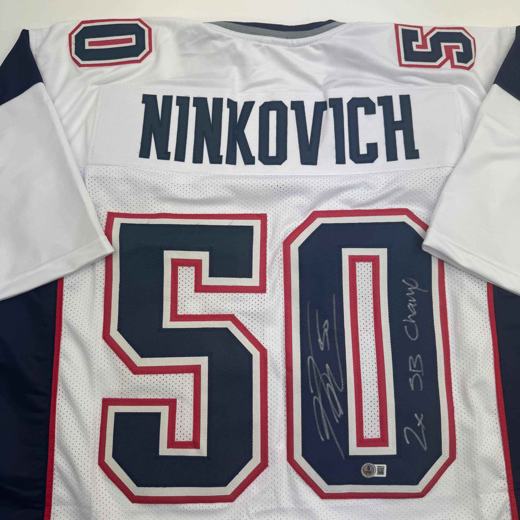 Autographed/Signed Rob Ninkovich "2x SB Champ" New England White Football Jersey Beckett BAS COA