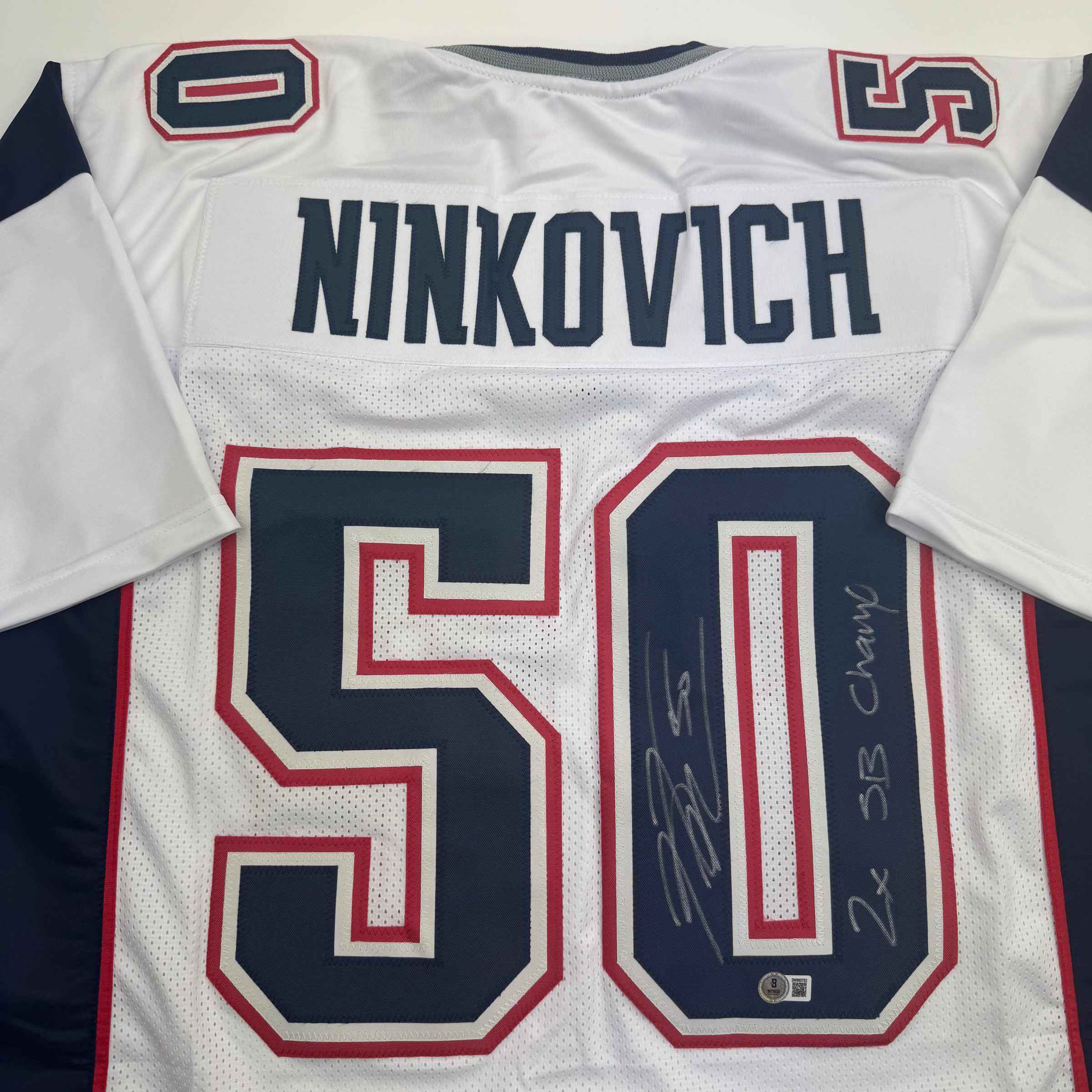 Autographed/Signed Rob Ninkovich "2x SB Champ" New England White Football Jersey Beckett BAS COA