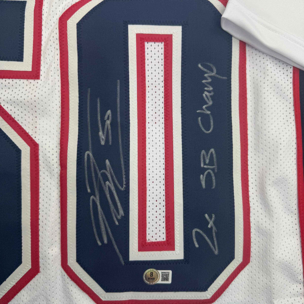 Autographed/Signed Rob Ninkovich "2x SB Champ" New England White Football Jersey Beckett BAS COA