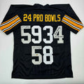 Autographed/Signed Jack Ham, Jack Lambert, and Andy Russell Inscribed "24 Pro Bowls", "HOF 88" & "HOF 90" Pittsburgh Black Football Jersey JSA COA