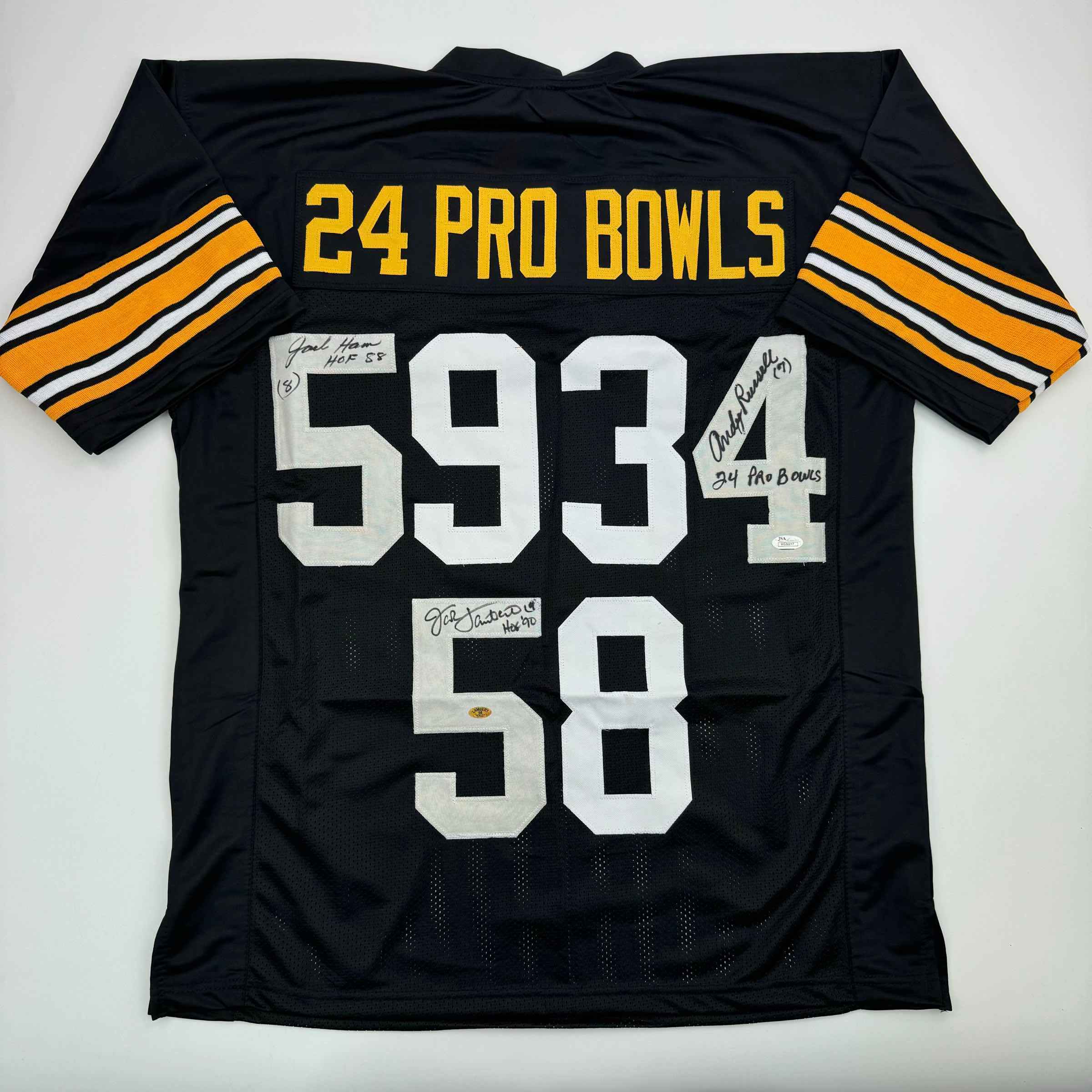 Autographed/Signed Jack Ham, Jack Lambert, and Andy Russell Inscribed "24 Pro Bowls", "HOF 88" & "HOF 90" Pittsburgh Black Football Jersey JSA COA