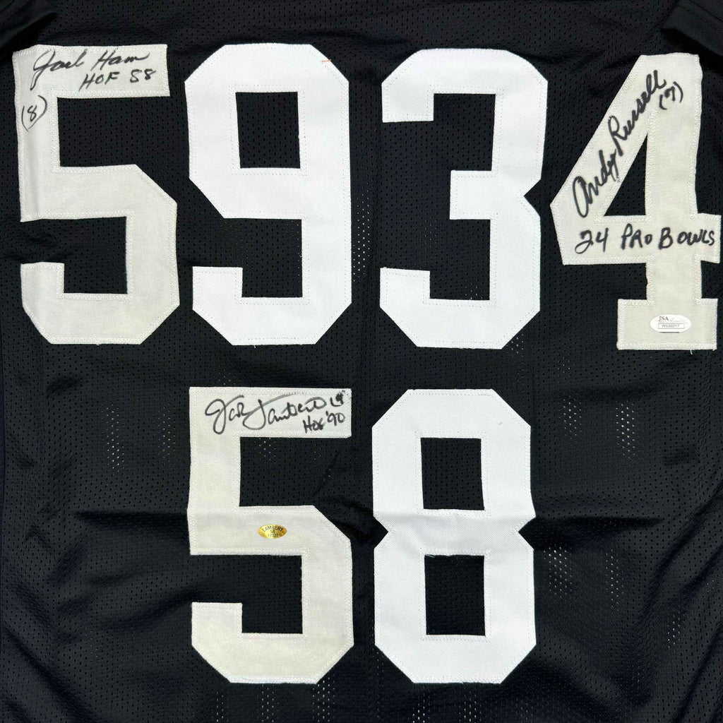 Autographed/Signed Jack Ham, Jack Lambert, and Andy Russell Inscribed "24 Pro Bowls", "HOF 88" & "HOF 90" Pittsburgh Black Football Jersey JSA COA
