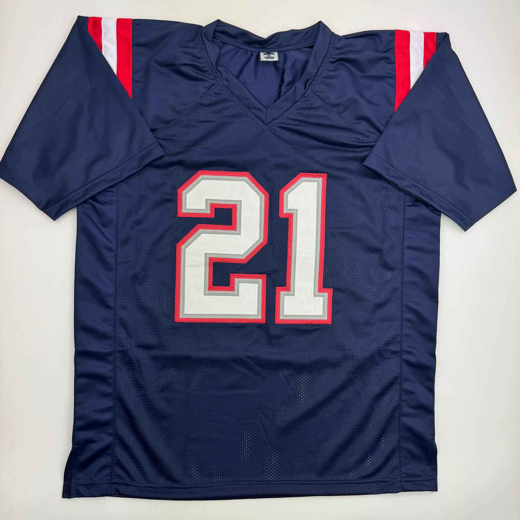 Autographed/Signed Jaylinn Hawkins New England Blue Football Jersey Beckett BAS COA