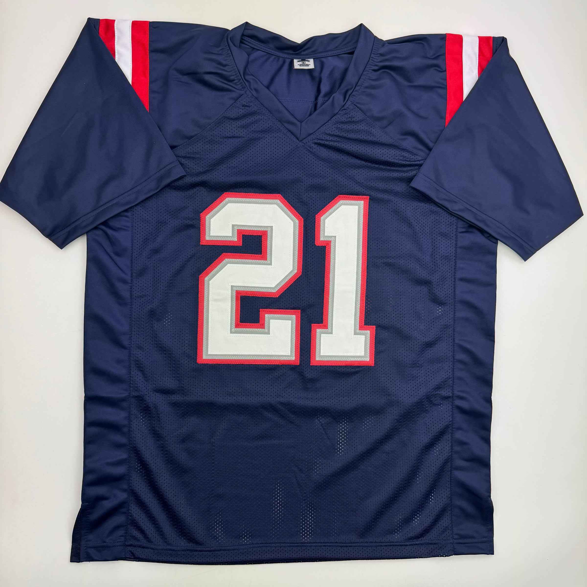 Autographed/Signed Jaylinn Hawkins New England Blue Football Jersey Beckett BAS COA