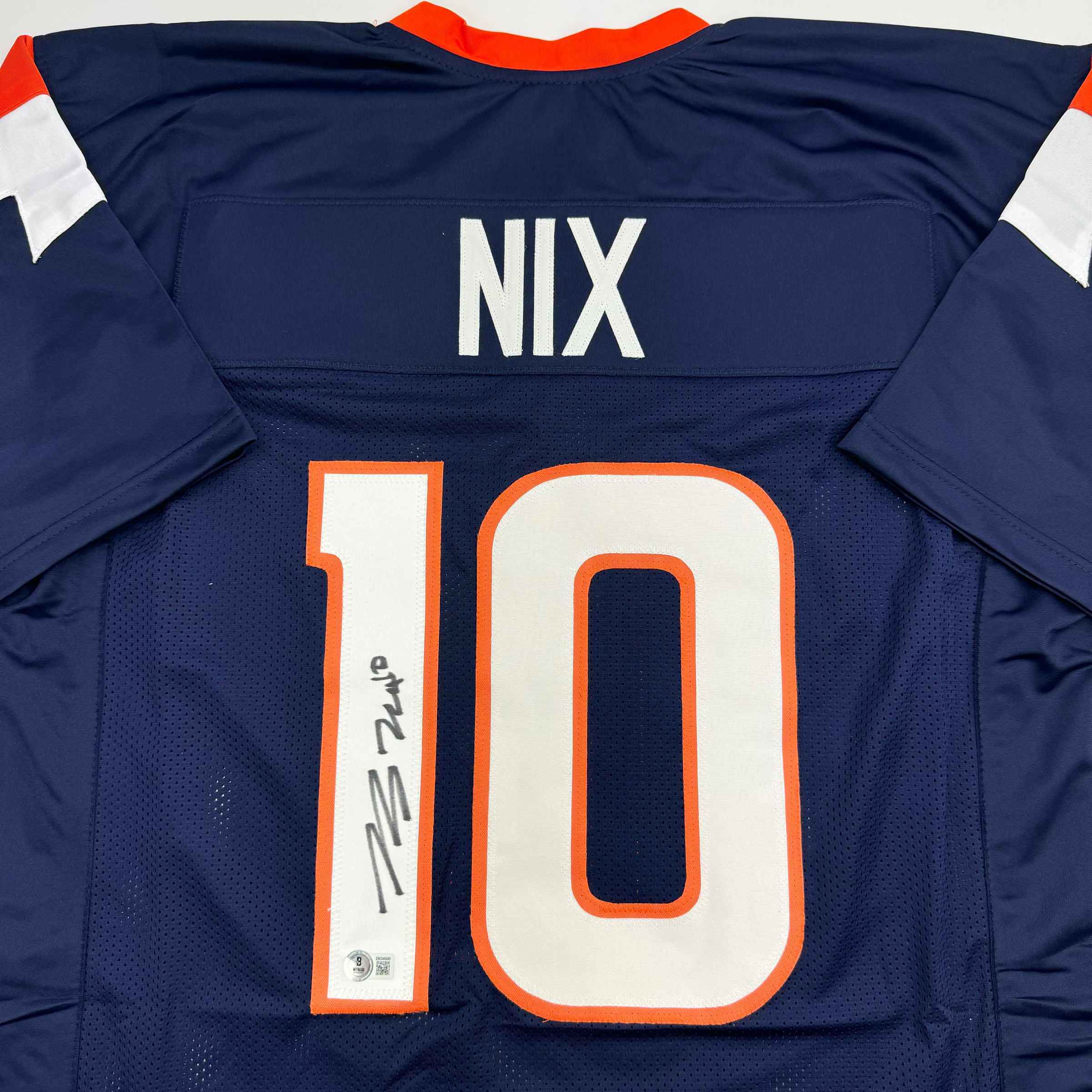 Autographed/Signed Bo Nix Denver Blue Football Jersey Beckett BAS COA