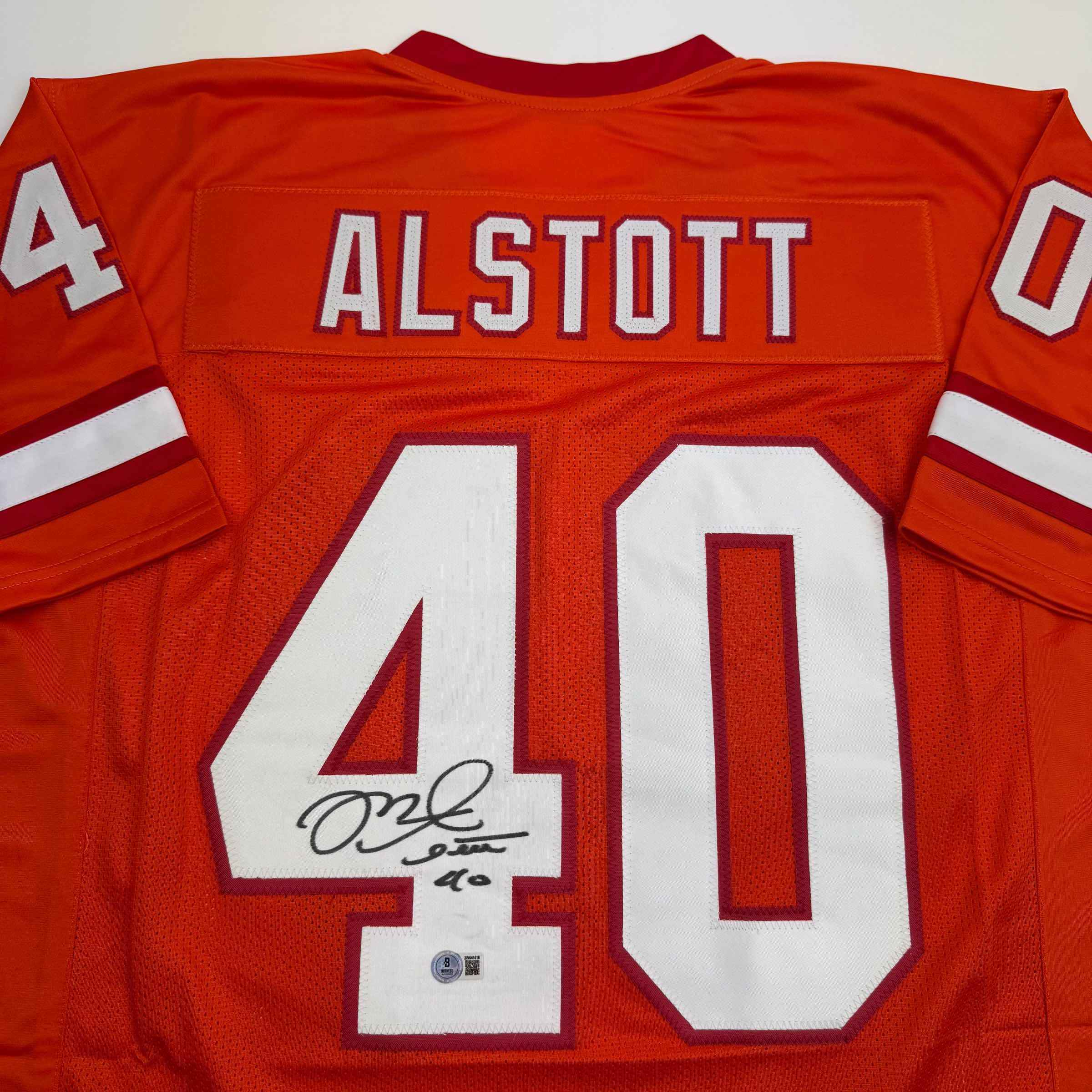 Autographed/Signed Mike Alstott Tampa Bay Orange Creamsicle Football Jersey Beckett BAS COA