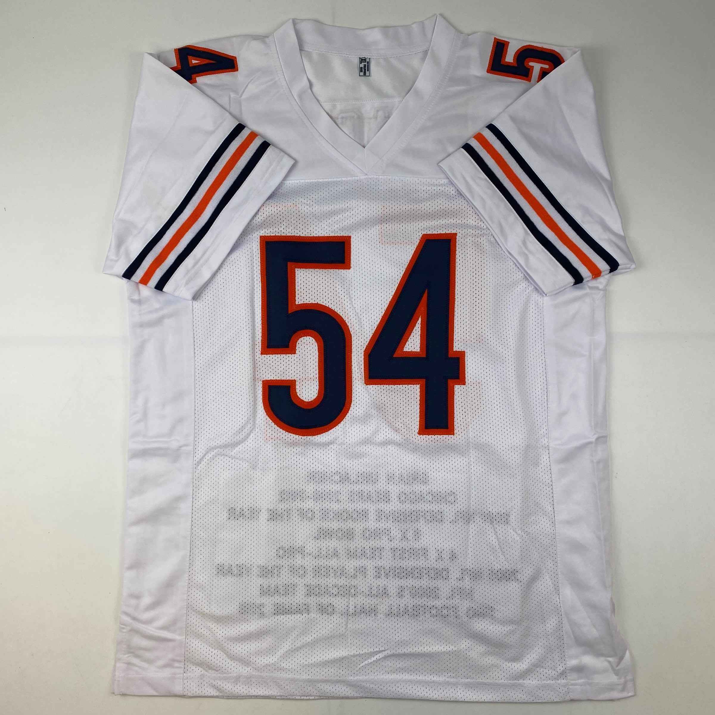 Autographed/Signed Brian Urlacher HOF 18 Chicago White Stat Football Jersey Beckett BAS COA