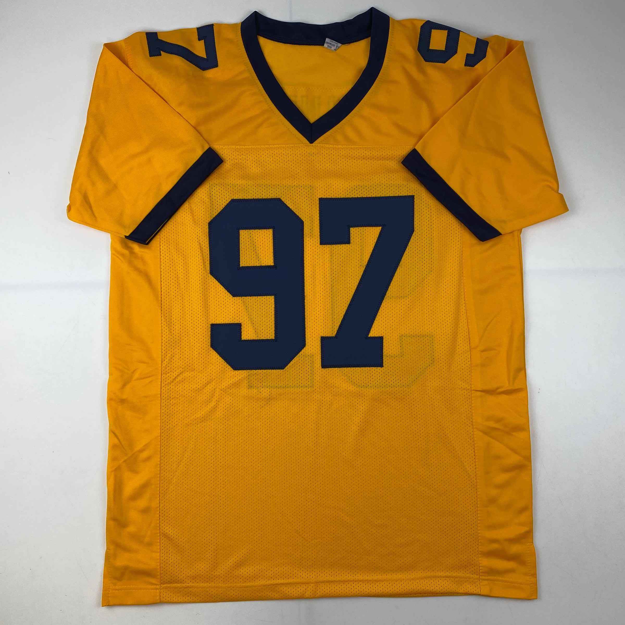 Autographed/Signed Aidan Hutchinson Michigan Yellow College Football Jersey Beckett BAS COA