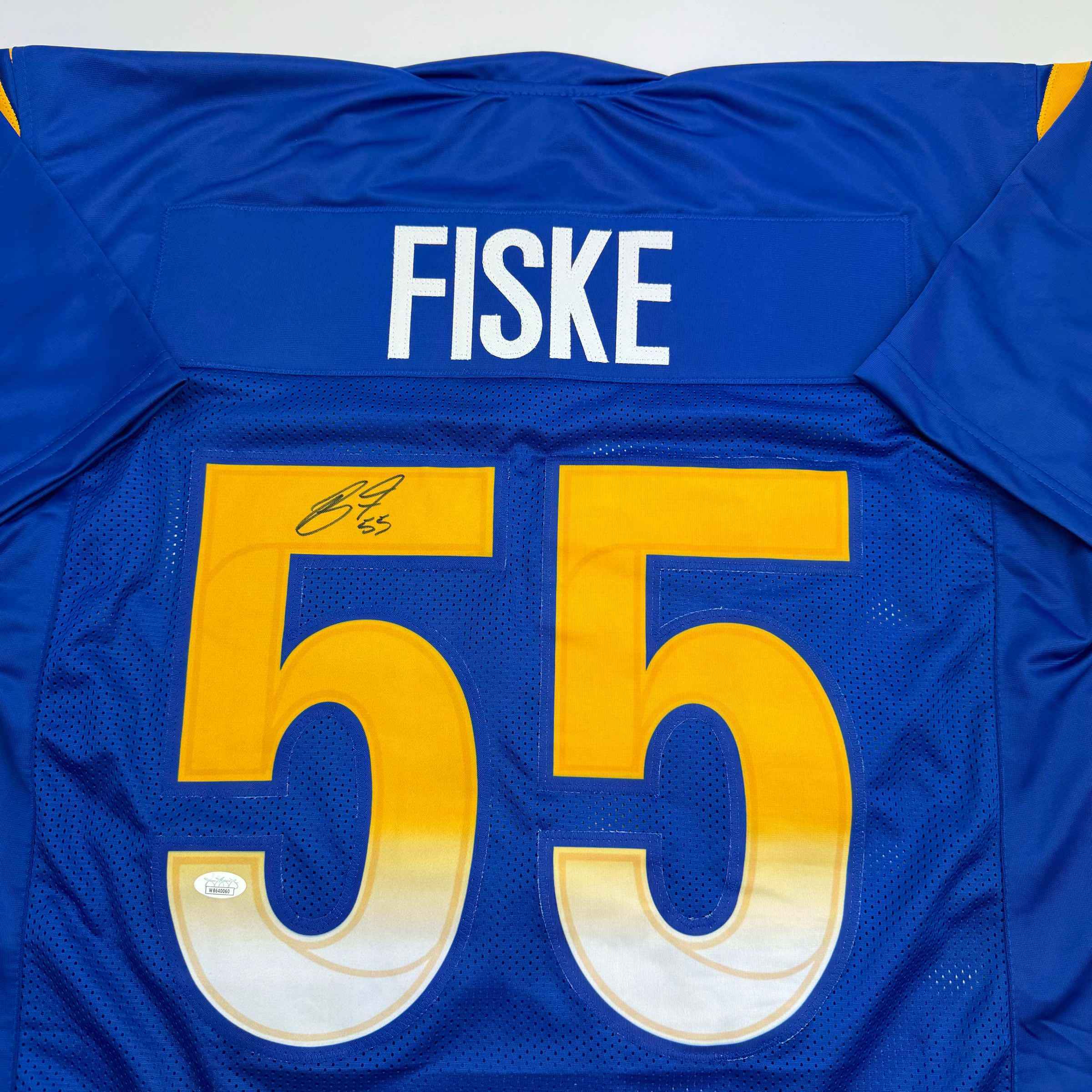 Autographed/Signed Braden Fiske Los Angeles LA Blue Football Jersey JSA COA